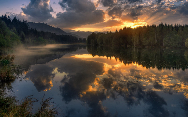 Lake trees sunset clouds reflection free wallpaper for desktop - medium preview image