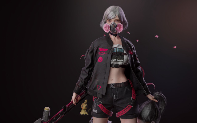 Woman gasmask cyberpunk skateboard bag free wallpaper for desktop - medium preview image