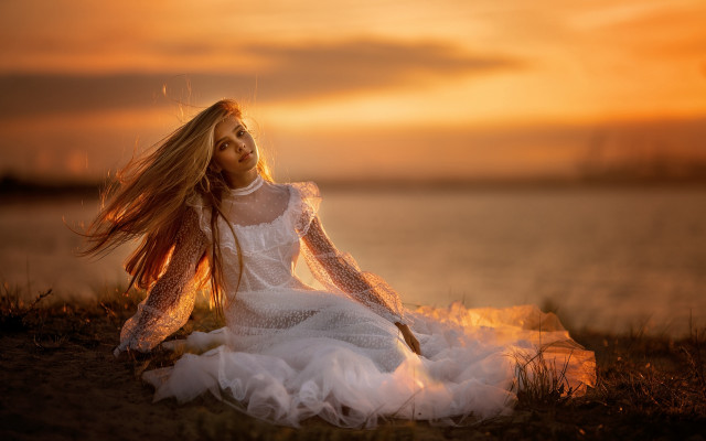 Woman white dress wind sunset free wallpaper for desktop - medium preview image