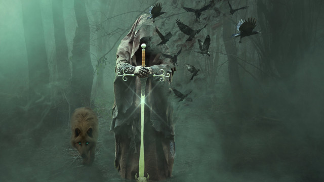 Hooded man sword forest dog free wallpaper for desktop - medium preview image