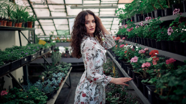 Greenhouse woman serious portrait flowers free wallpaper for desktop - medium preview image