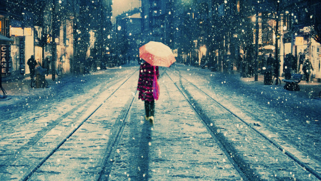 Woman walking umbrella snow night #2 free wallpaper for desktop - medium preview image