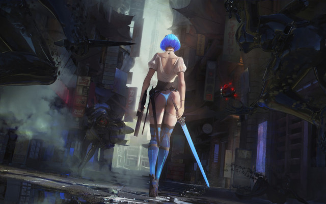 Blue hair woman sword robot free wallpaper for desktop - medium preview image