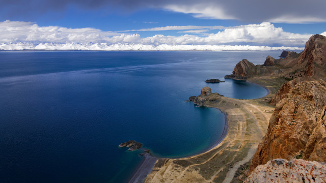 Mountain lake beach road clouds free wallpaper for desktop - medium preview image