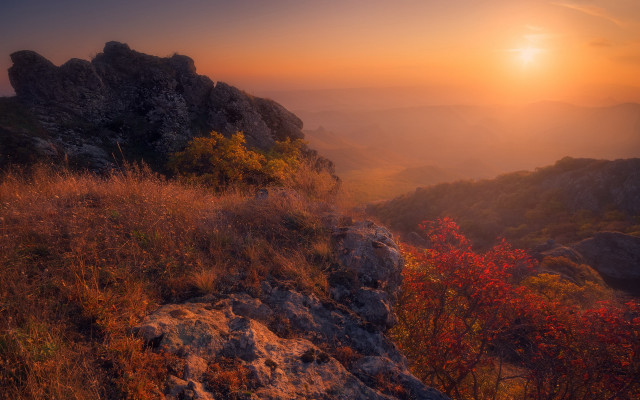 Sunset mountain autumn leaves lake free wallpaper for desktop - medium preview image