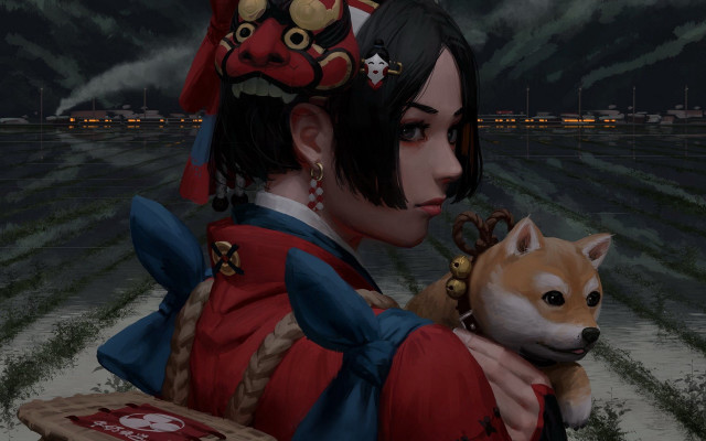 Woman dog cartoon fantasy digital free wallpaper for desktop - medium preview image