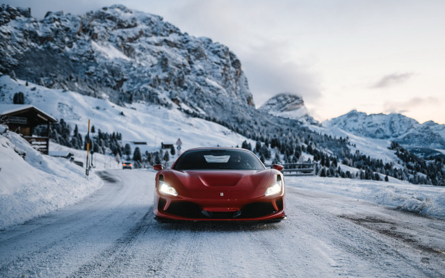 Red sports car snowy mountains free wallpaper for desktop - medium preview image