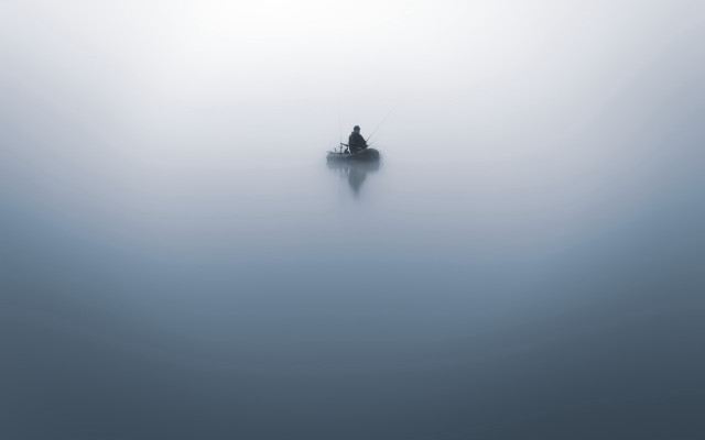 Lone boat foggy lake minimalist free wallpaper for desktop - medium preview image