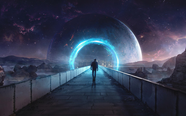 Bridge man space scene blue free wallpaper for desktop - medium preview image
