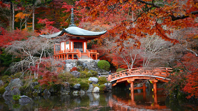 Small bridge pond pagoda autumn free wallpaper for desktop - medium preview image