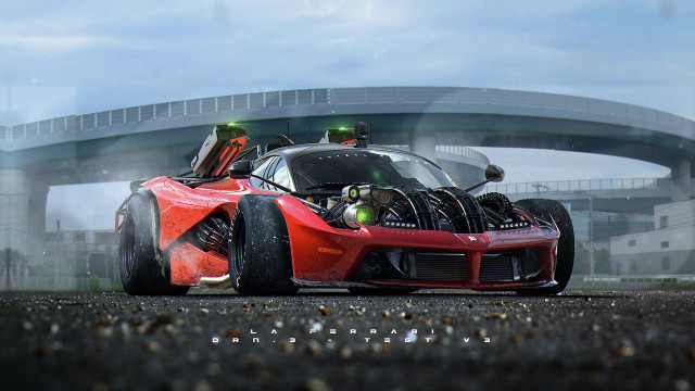 Red sports car bridge road free wallpaper for desktop - medium preview image