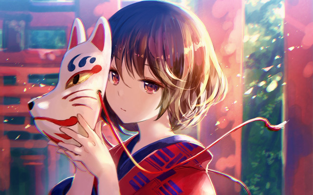 Girl holding cat kimono mask free wallpaper for desktop - medium preview image