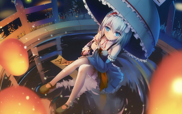 Girl bench umbrella blue dress free wallpaper for desktop - medium preview image