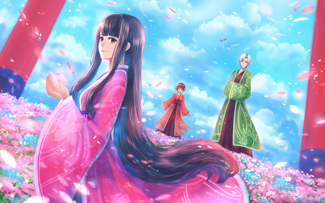 Woman pink dress umbrella cherry free wallpaper for desktop - medium preview image