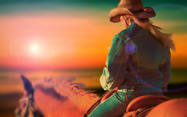 Woman horse sunset cowboy hat free wallpaper for desktop - medium preview image