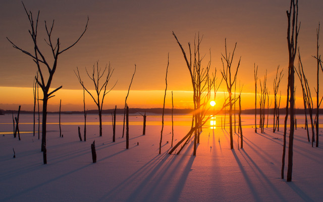 Sunset lake snow trees clouds free wallpaper for desktop - medium preview image