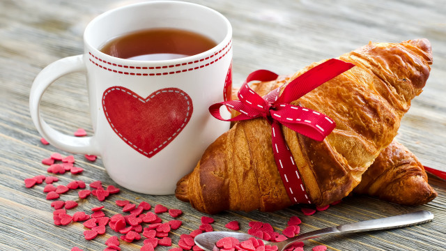 Tea croissant hearts spoon morning free wallpaper for desktop - medium preview image