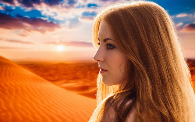Desert sunset woman longhair cloudy free wallpaper for desktop - medium preview image