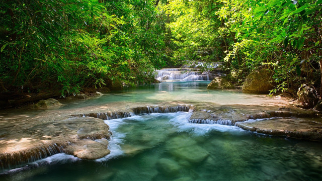 River waterfall trees rocks greenery free wallpaper for desktop - medium preview image