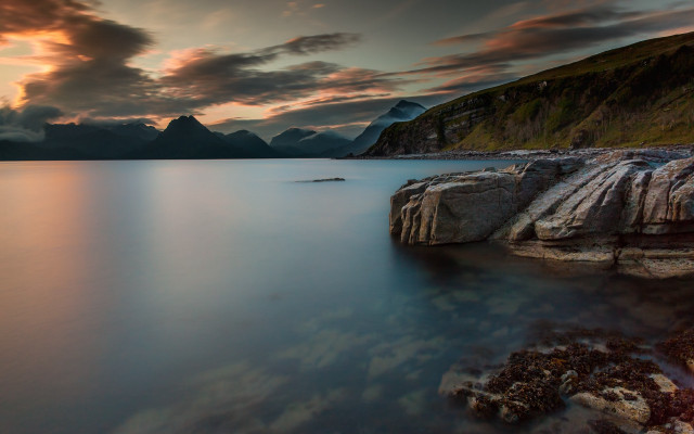 Lake mountains clouds shore reflection free wallpaper for desktop - medium preview image