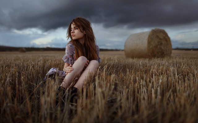 Woman field wheat bale cloudy free wallpaper for desktop - medium preview image