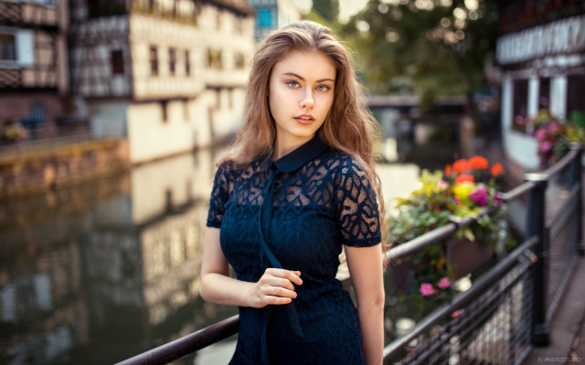 Blue dress woman bridge river free wallpaper for desktop - medium preview image
