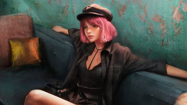 Pink hair sitting couch photorealism free wallpaper for desktop - medium preview image
