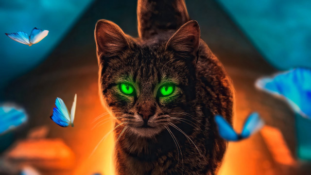 Cat green eyes butterflies blurry free wallpaper for desktop - medium preview image