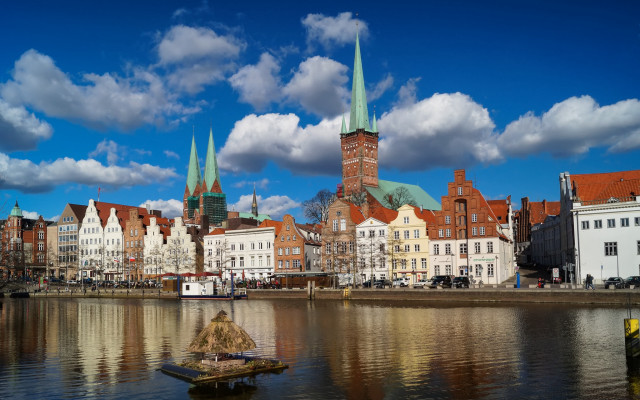 Lake boat city skyline neo free wallpaper for desktop - medium preview image