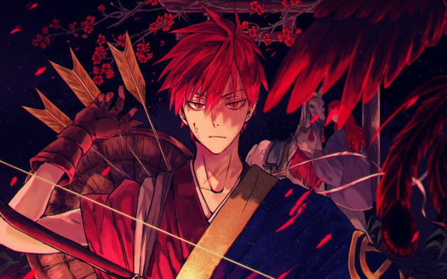 Red haired archer bird shoulder free wallpaper for desktop - medium preview image