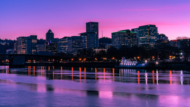 City skyline river bridge dusk free wallpaper for desktop - medium preview image