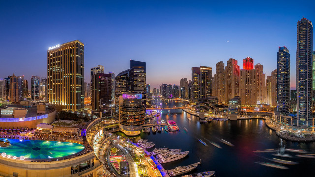 City skyline river marina night free wallpaper for desktop - medium preview image