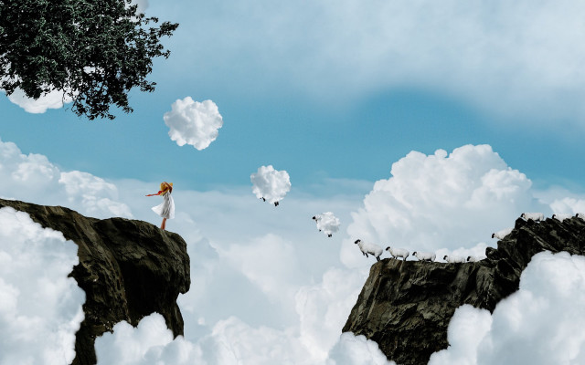 Woman cliff clouds tree surrealism free wallpaper for desktop - medium preview image