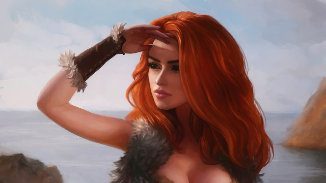 Red haired woman fur coat free wallpaper for desktop - medium preview image