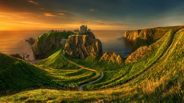 Castle cliff ocean sunset magic free wallpaper for desktop - medium preview image