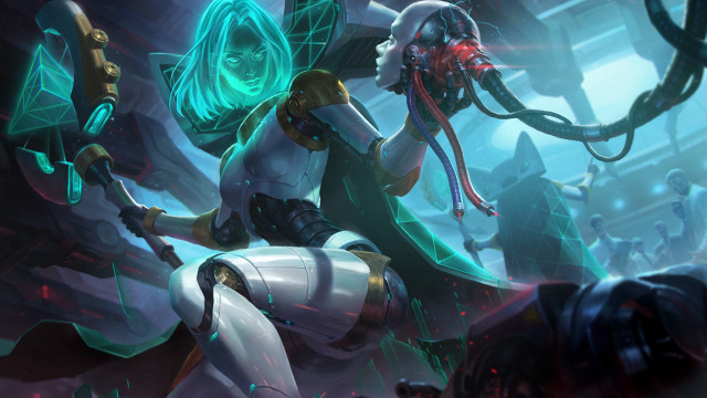 Futuristic woman robot holding glowing free wallpaper for desktop - medium preview image