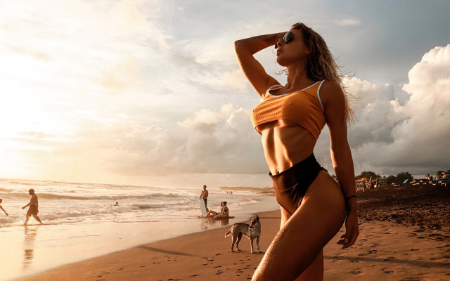 Woman beach ocean dog sunset free wallpaper for desktop - medium preview image