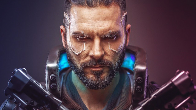 Futuristic bearded cyborg guns cyberpunk free wallpaper for desktop - medium preview image