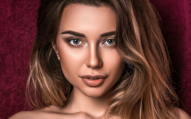 Woman longhair browndress redbackground portrait free wallpaper for desktop - medium preview image