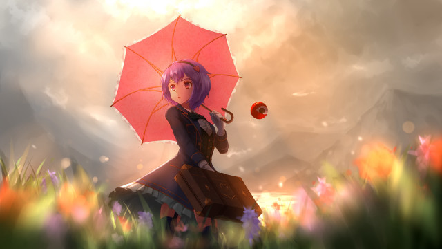 Purple hair woman flower umbrella free wallpaper for desktop - medium preview image