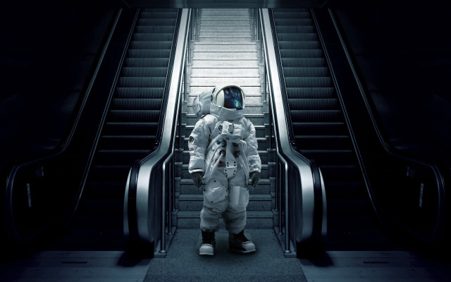 Man spacesuit escalator dark room free wallpaper for desktop - medium preview image