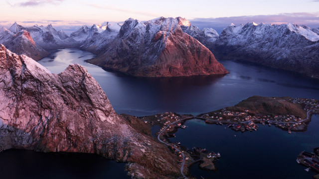 Mountain lake town snow cherry free wallpaper for desktop - medium preview image