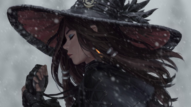 Woman witch hat snow gloves free wallpaper for desktop - medium preview image