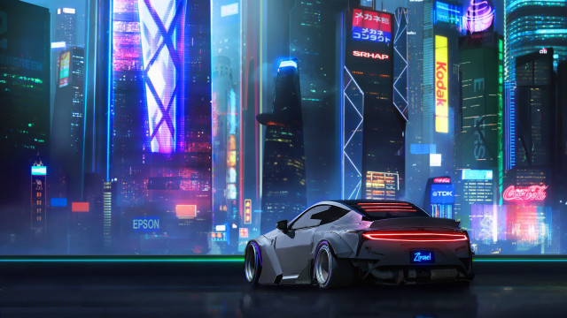 Futuristic car neon city night free wallpaper for desktop - medium preview image