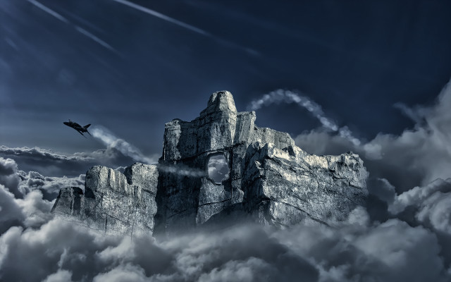Bird mountain clouds plane castle free wallpaper for desktop - medium preview image