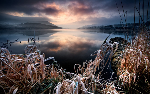 Lake mountain clouds grass evening free wallpaper for desktop - medium preview image