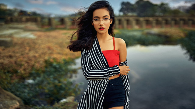 Woman glasses striped shirt pond free wallpaper for desktop - medium preview image