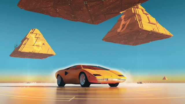 Yellow car desert pyramids blue free wallpaper for desktop - medium preview image