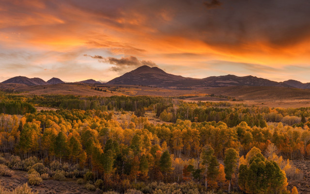 Sunset mountains trees cloudy sky free wallpaper for desktop - medium preview image