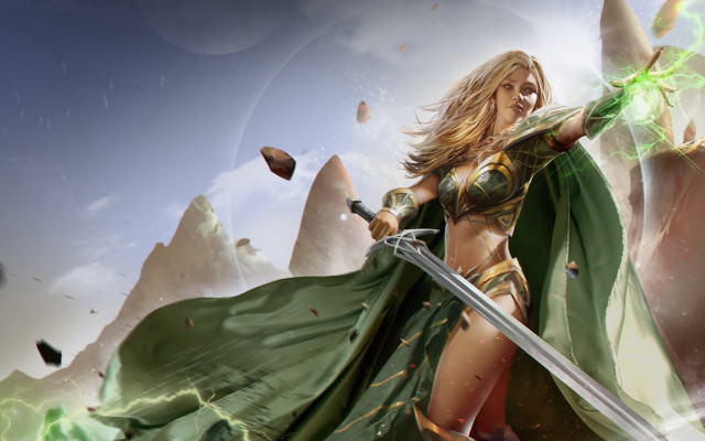 Woman green cape sword armor free wallpaper for desktop - medium preview image